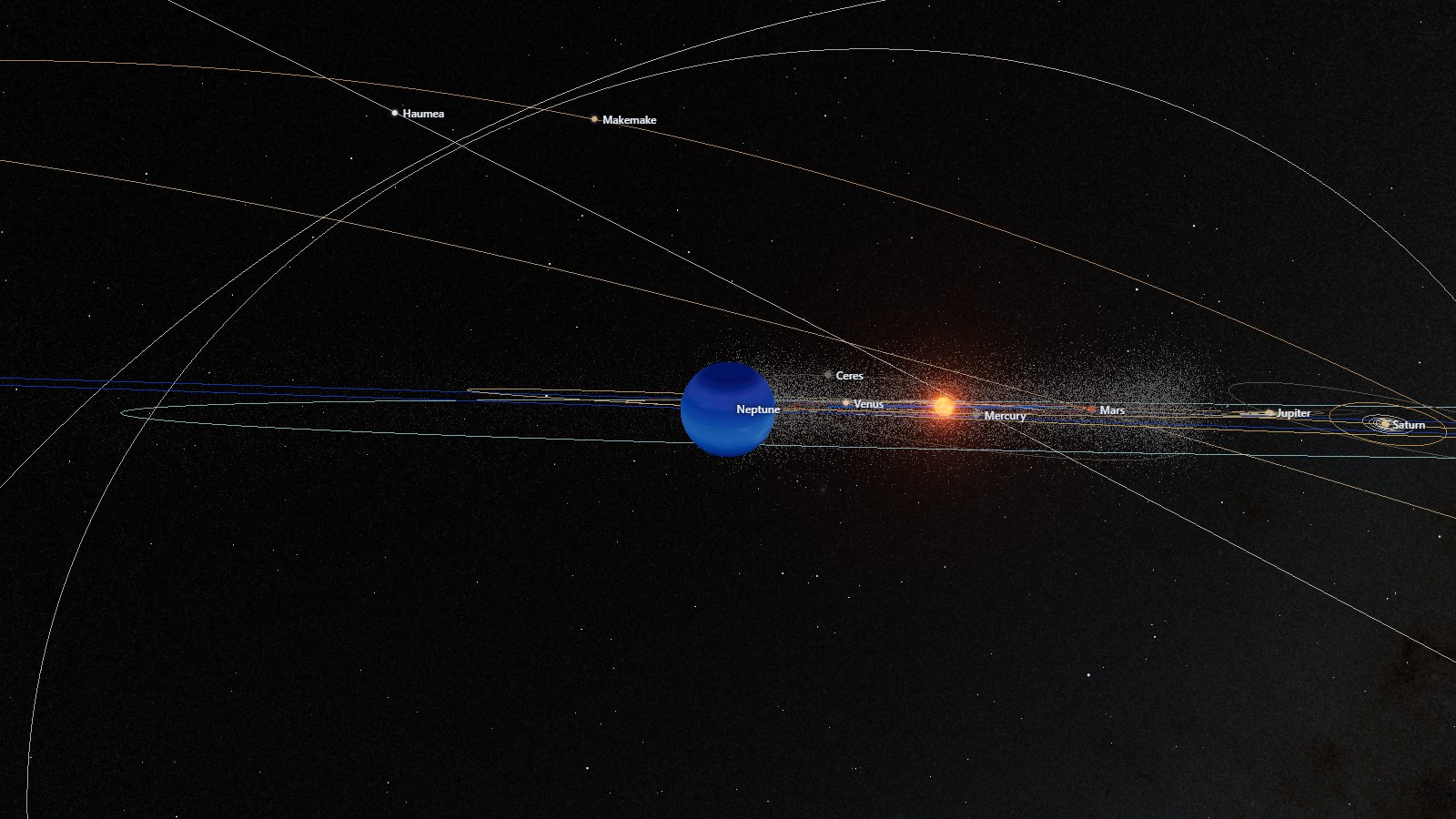 View from Neptune back toward the small, distant Sun against the Milky Way.