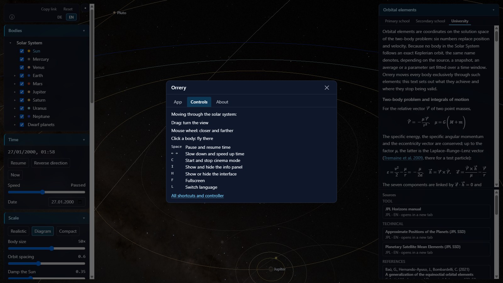 The open info card with the "Controls" tab and the main keyboard shortcuts.