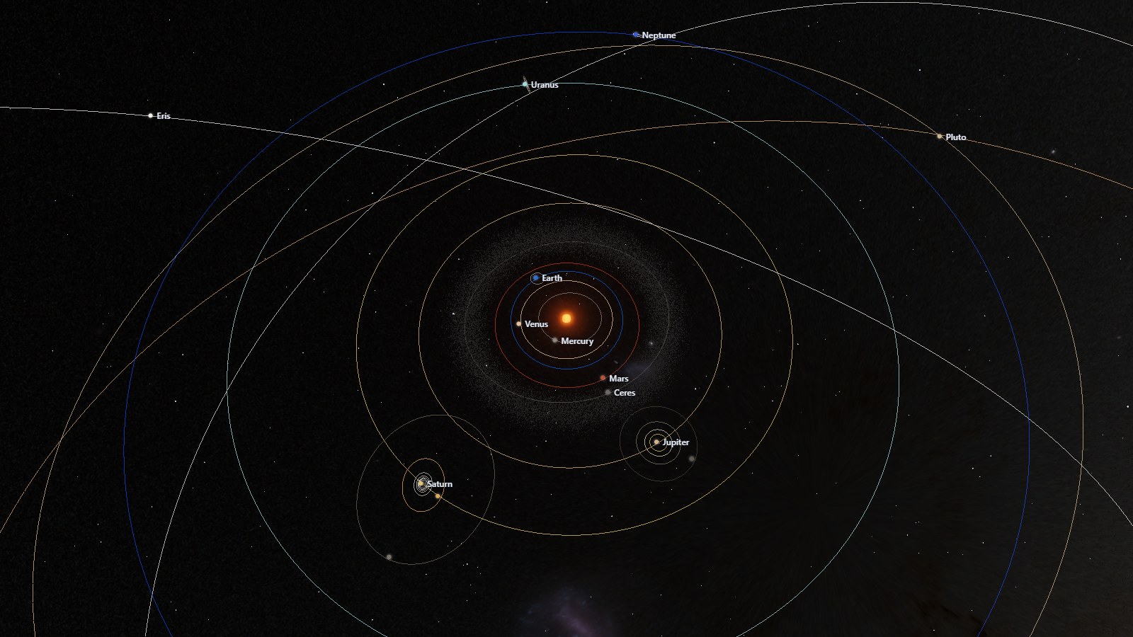 The entire solar system with orbit lines of all planets and dwarf planets around the sun.